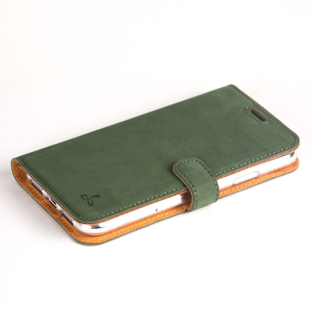 iPhone XR green leather wallet case flat lay