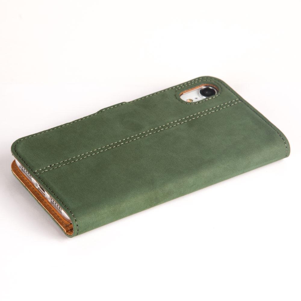 iPhone XR green leather wallet case flat lay