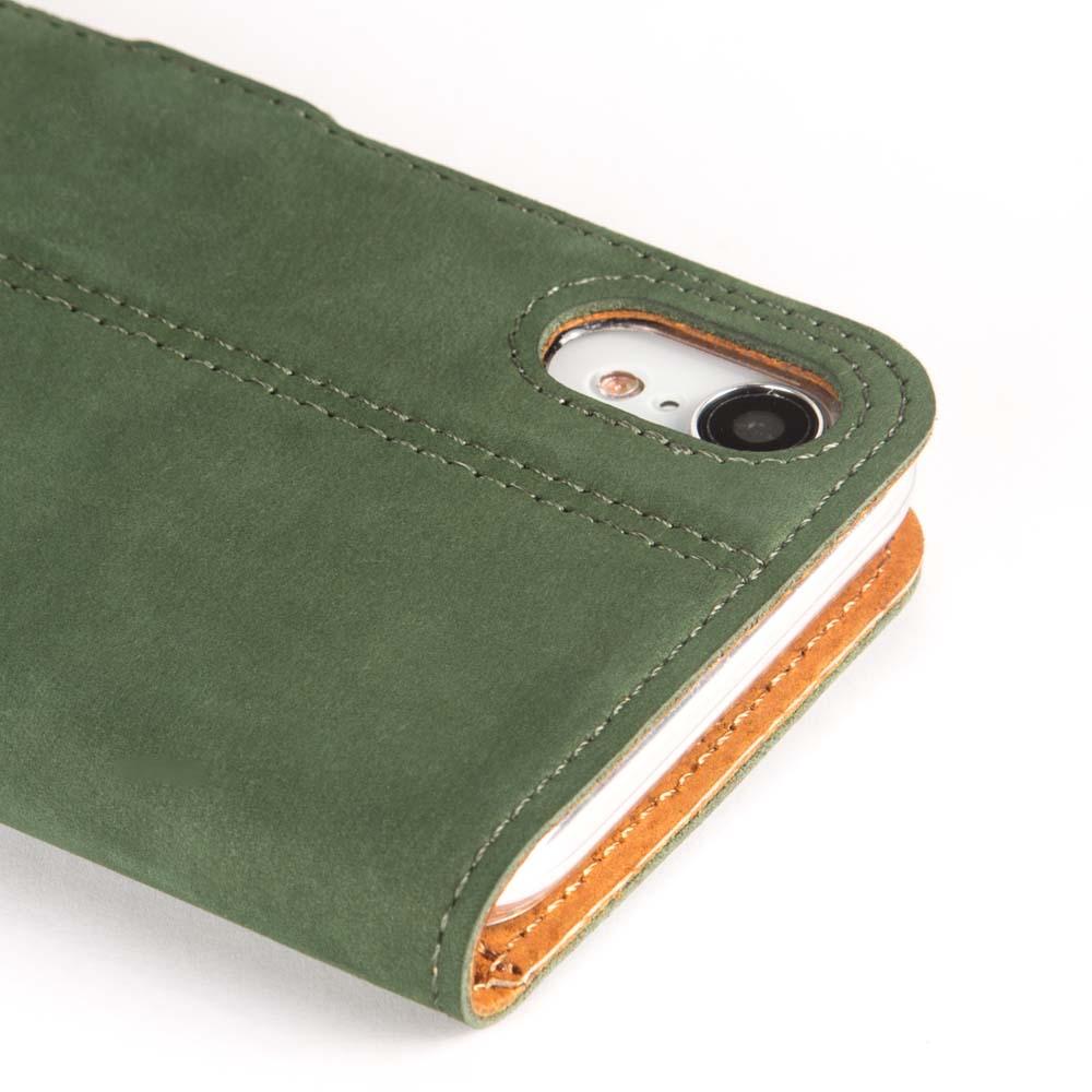 iPhone XR green leather wallet case camera close up