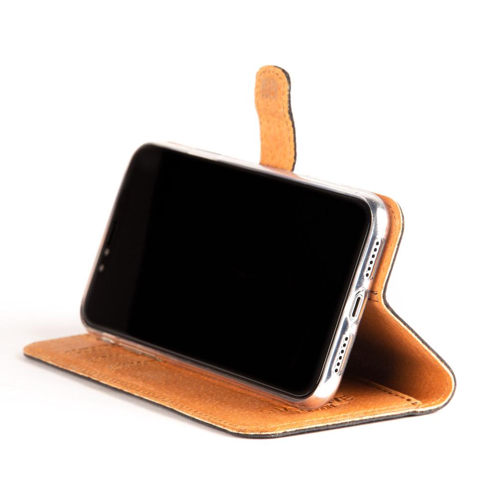 iPhone XR green leather wallet case showing stand functionality